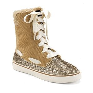 Sperry Top-Sider Acklins Boots Tan Corduroy Gold Sparkle High Tops FauxFur Sz 7